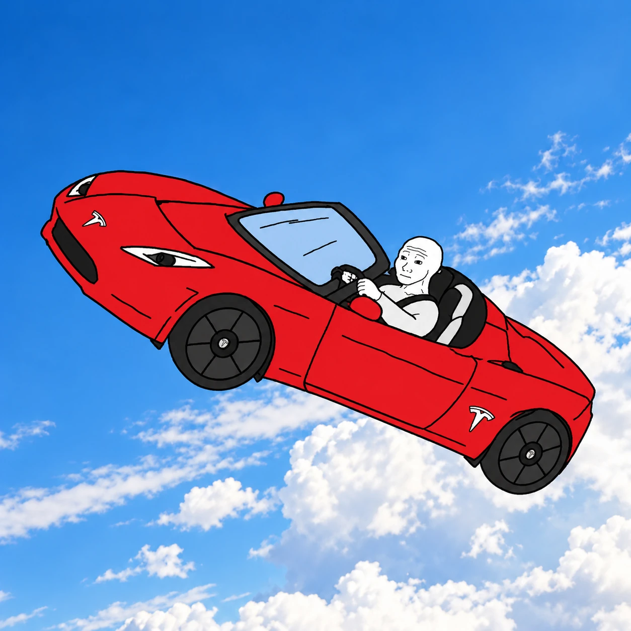 Hand-drawn red flying Roadster with Wojak at the wheel against bright blue sky